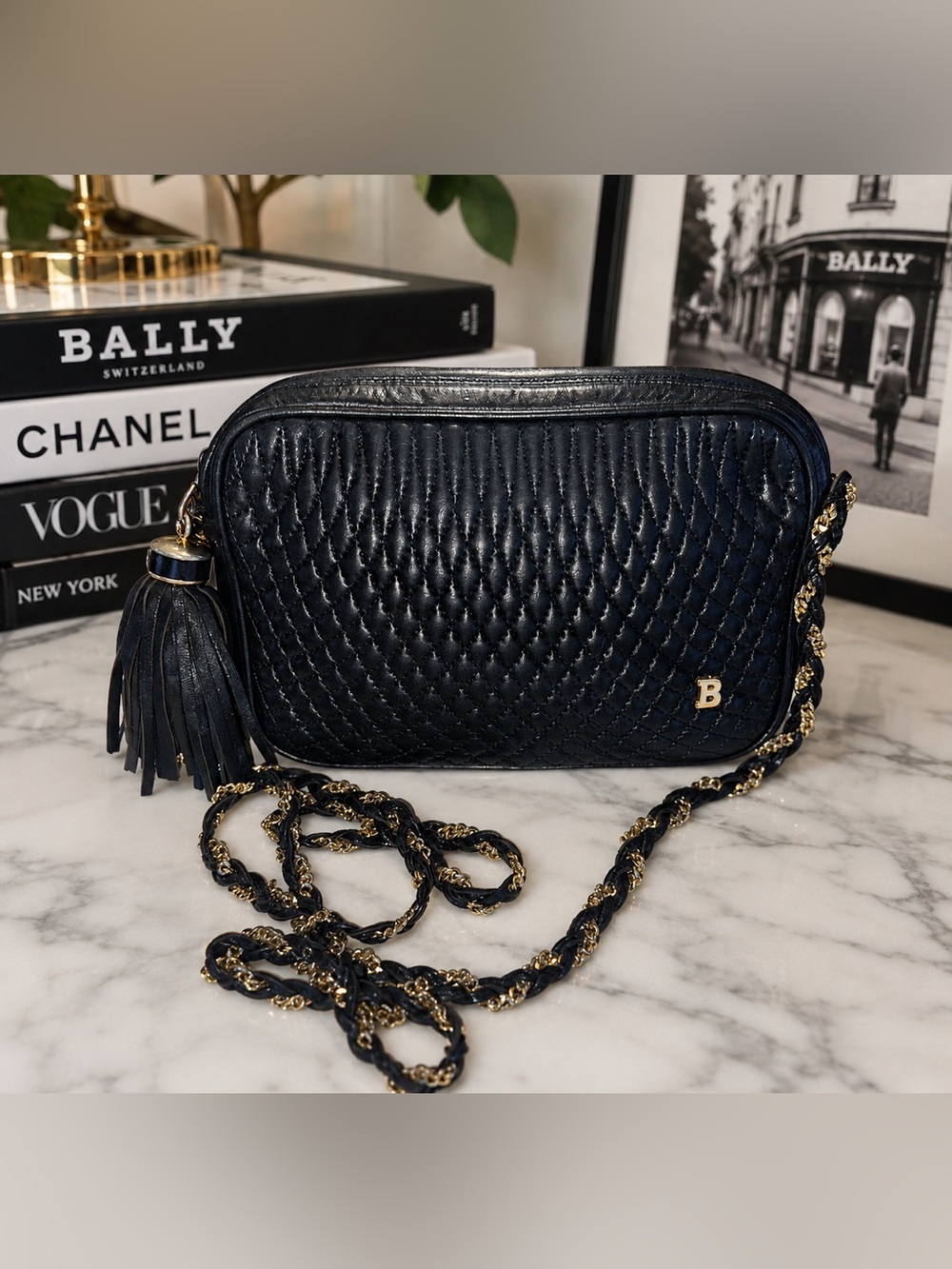Bally Quilted Lambskin Crossbody | Leather Interior |Gold Chain Camera Bag
